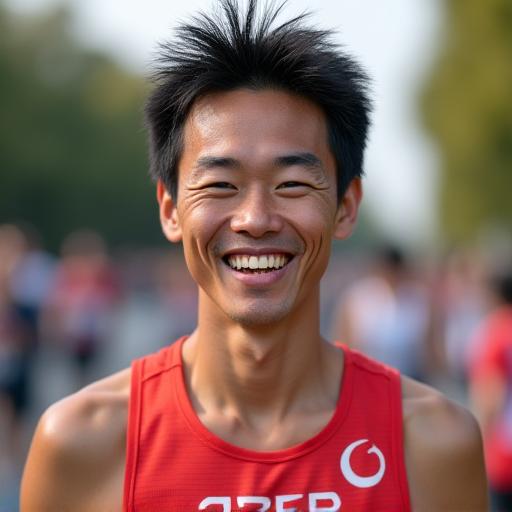Portrait of Kenji Tanaka, marathon runner, smiling after a race