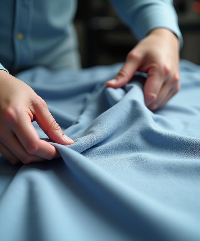 A designer meticulously inspecting a high-performance fabric in a modern studio